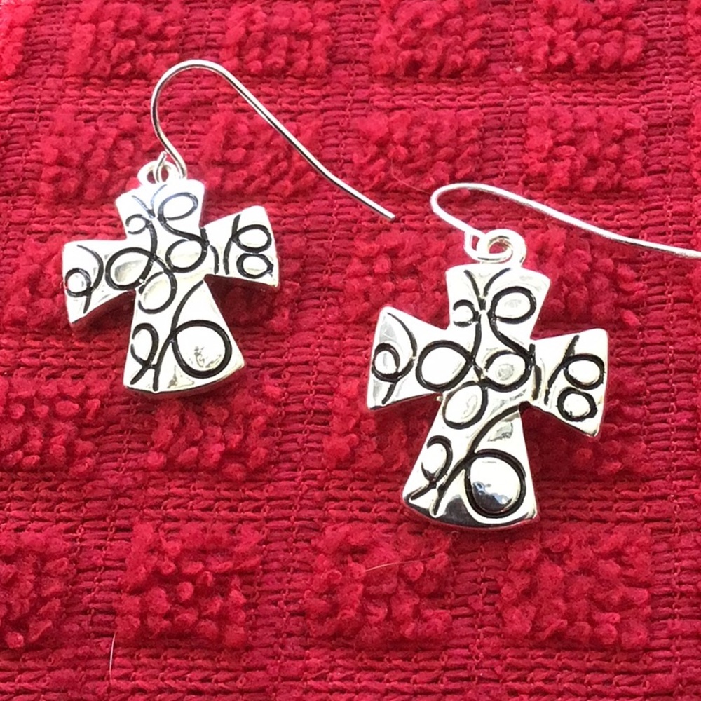 Silver Detailed Cross Earrings with Hook Backing - Picture 1 of 4